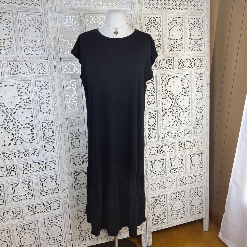 Eileen Fisher Black Midi Dress Sz Medium Peplum Lagenlook Beachy Coastal Tencel